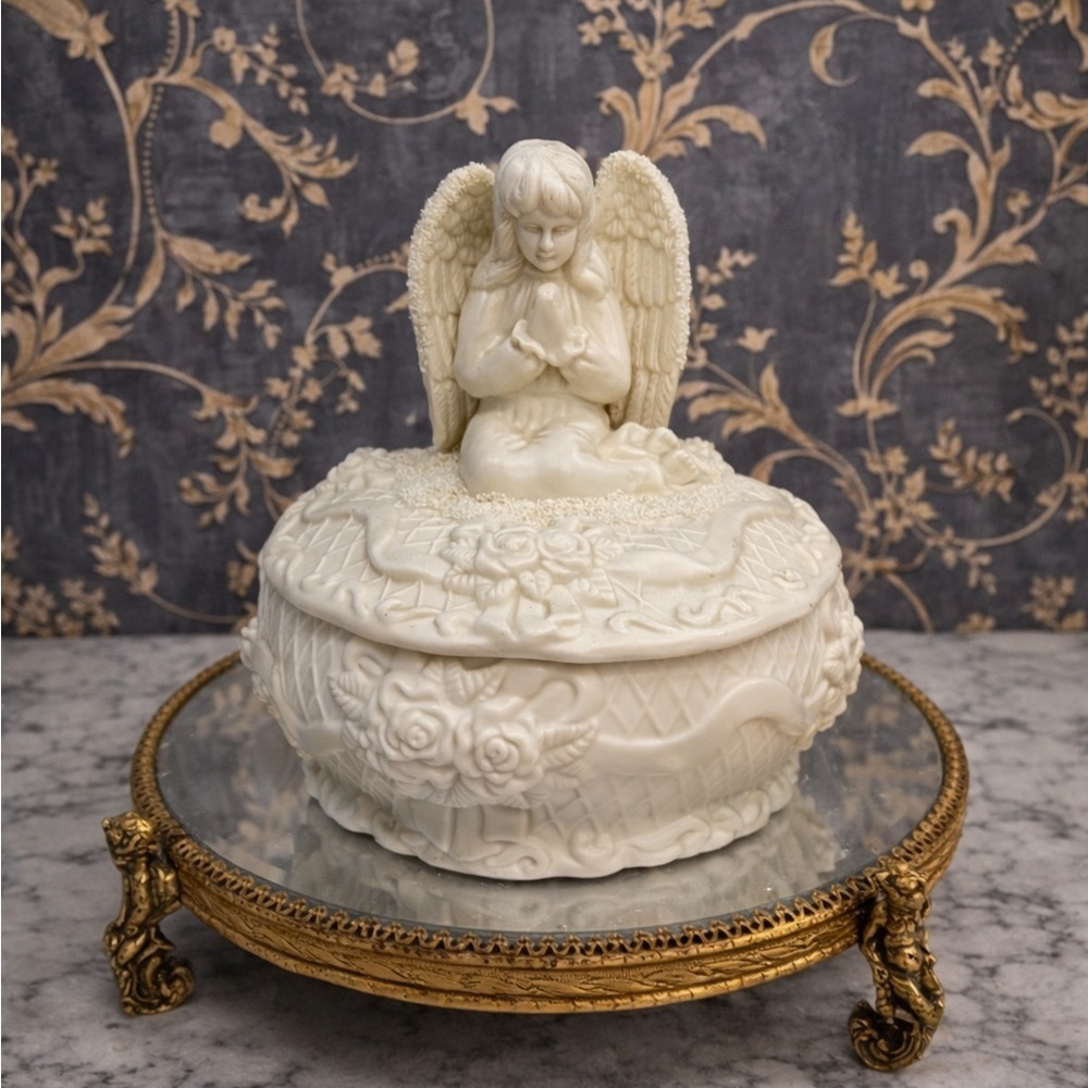 Vintage Bisque Porcelain Praying Angel Trinket Box Matte White Jewelry